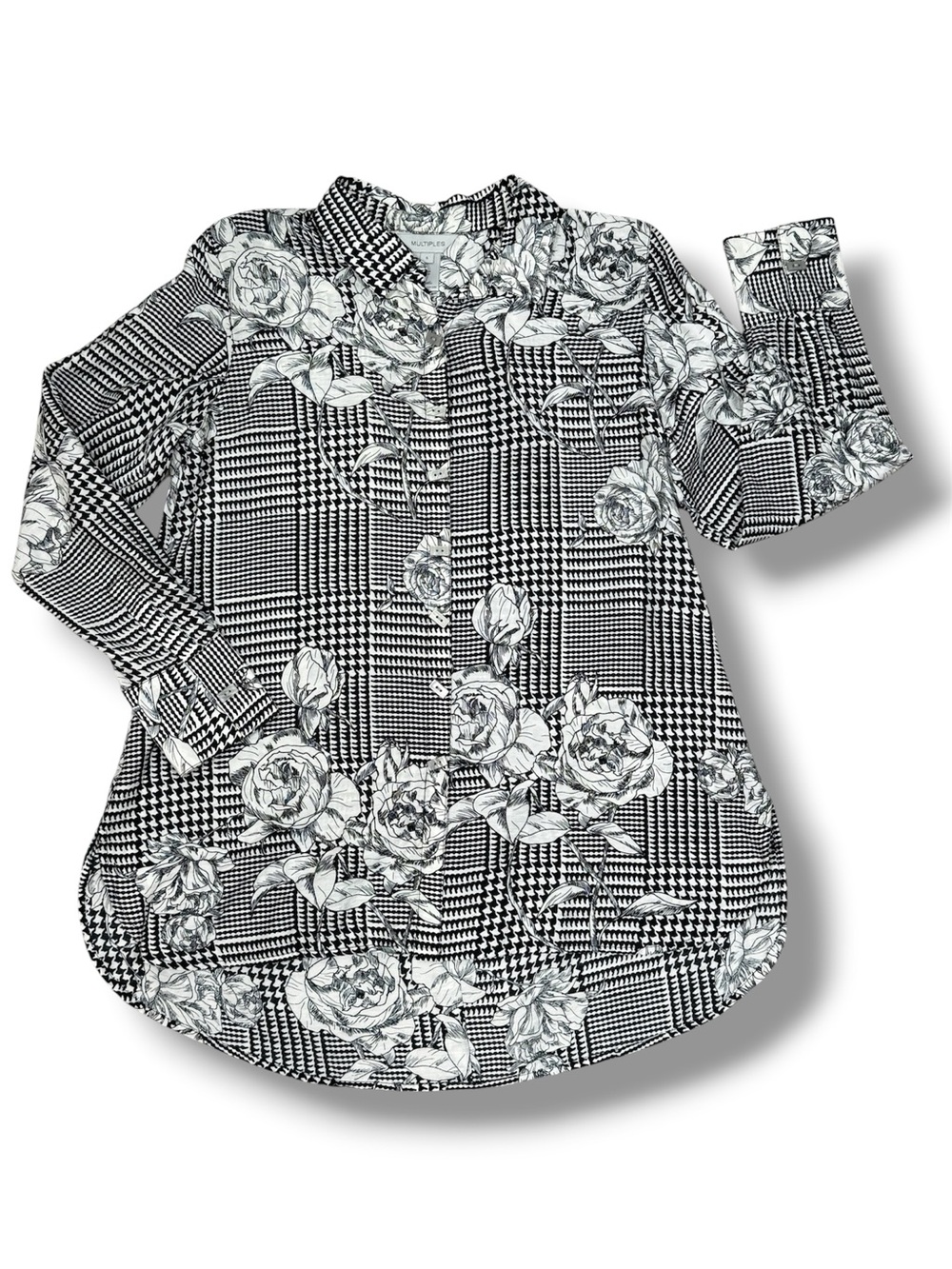 Multiples Floral Houndstooth Oversized Button Back Tunic Shirt Black White Small - Picture 11 of 11